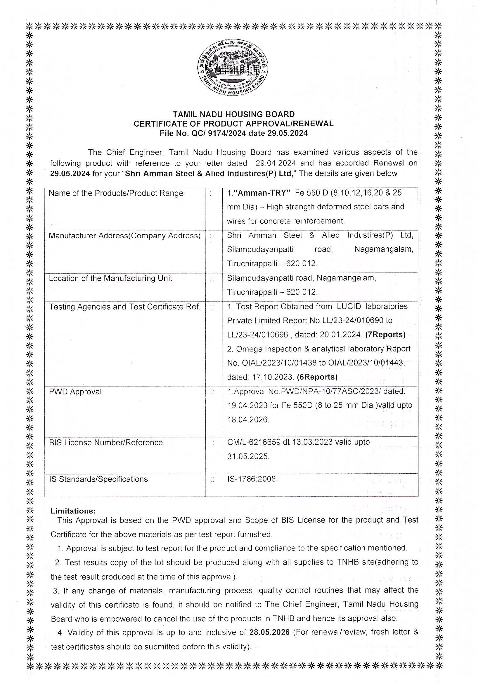 TNHB Product Approval Certificate