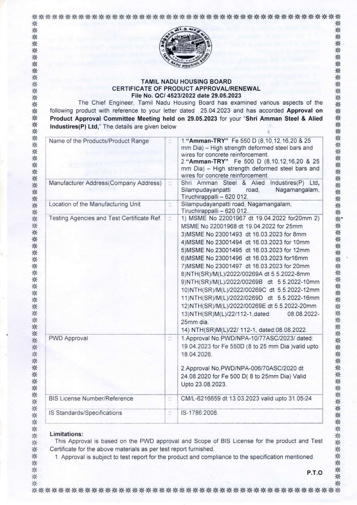 TNHB Product Approval Certificate