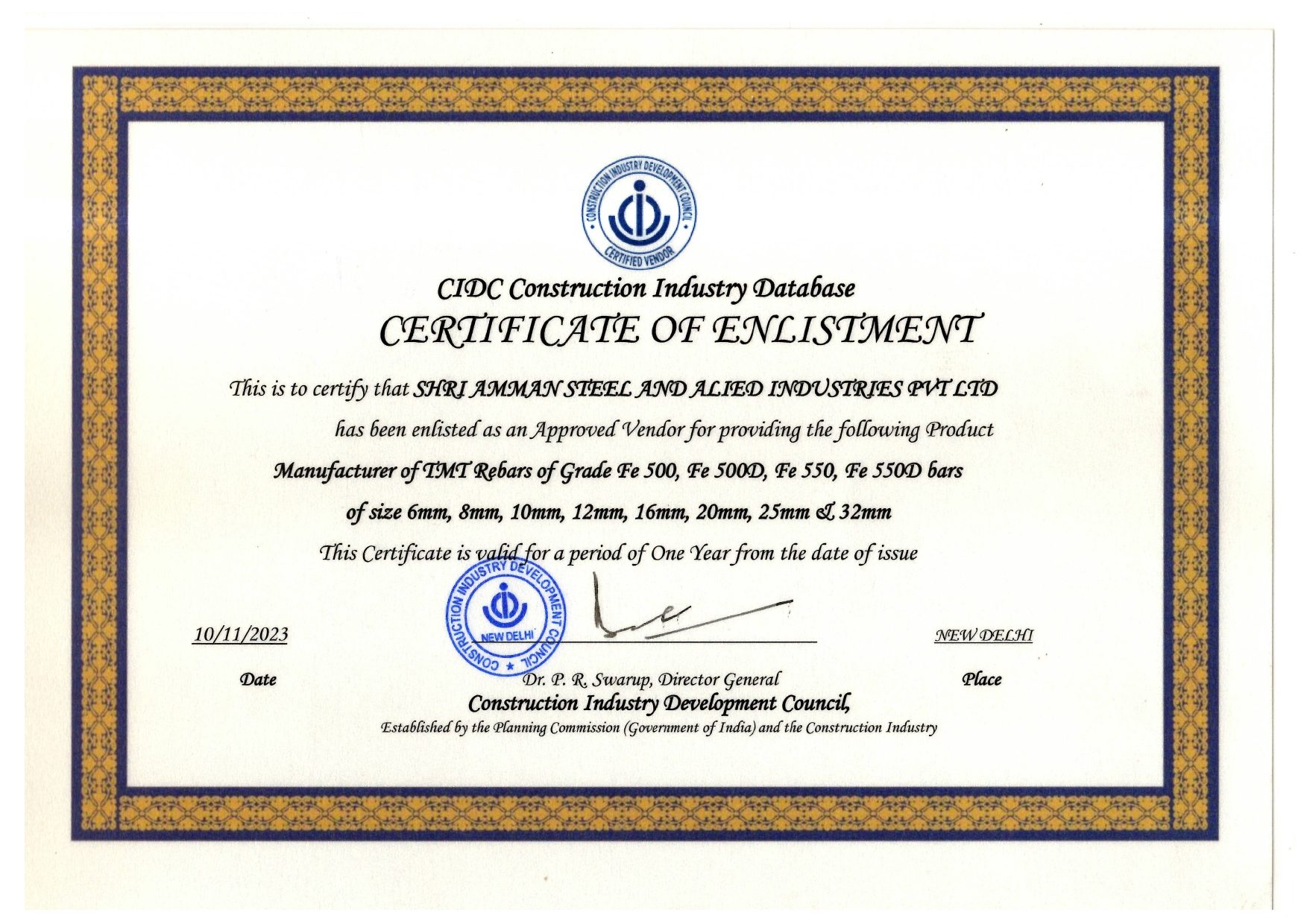 CIDC, New Delhi (NITI Aayog) Approval Certificate