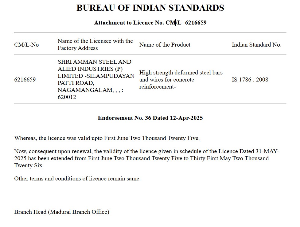 BIS License Certificate – TMT- SASAI