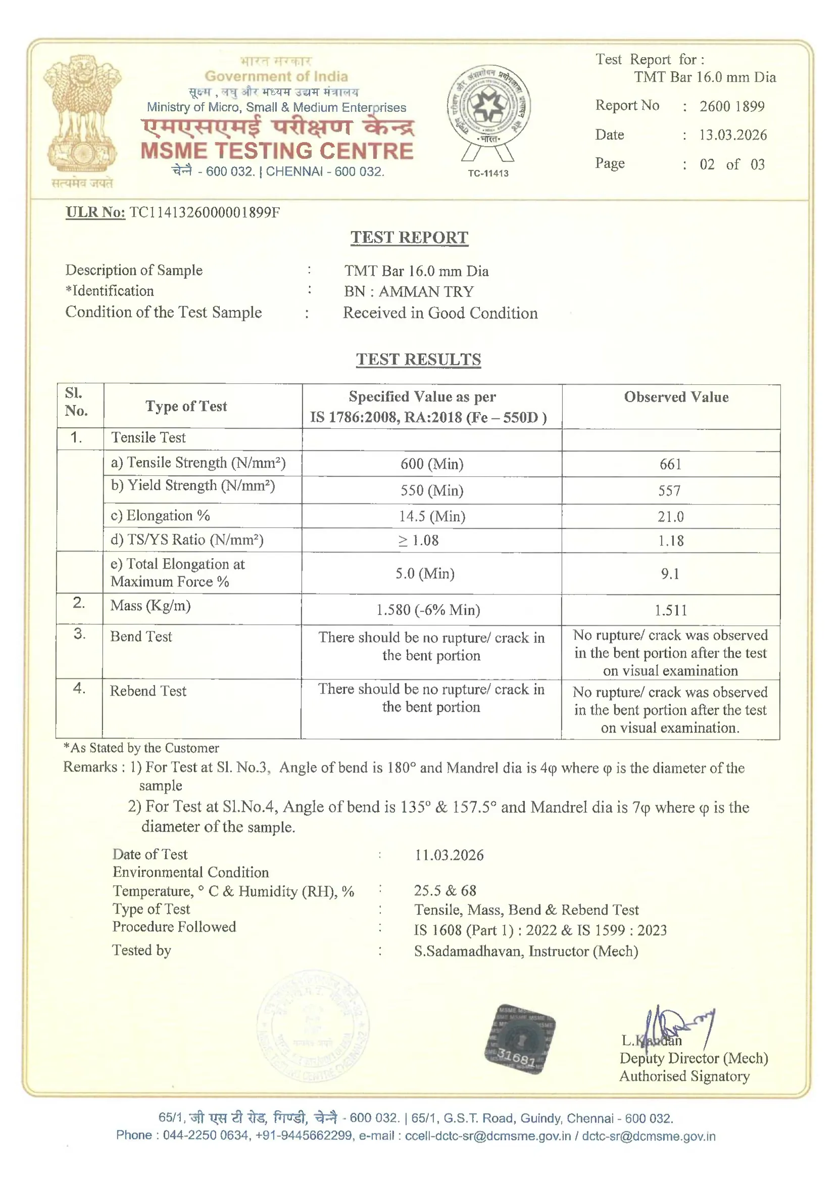 MSME Test Reports (Tensile test, Bend, Rebend, Chemical Analysis, for 8 to 32mm TMT)