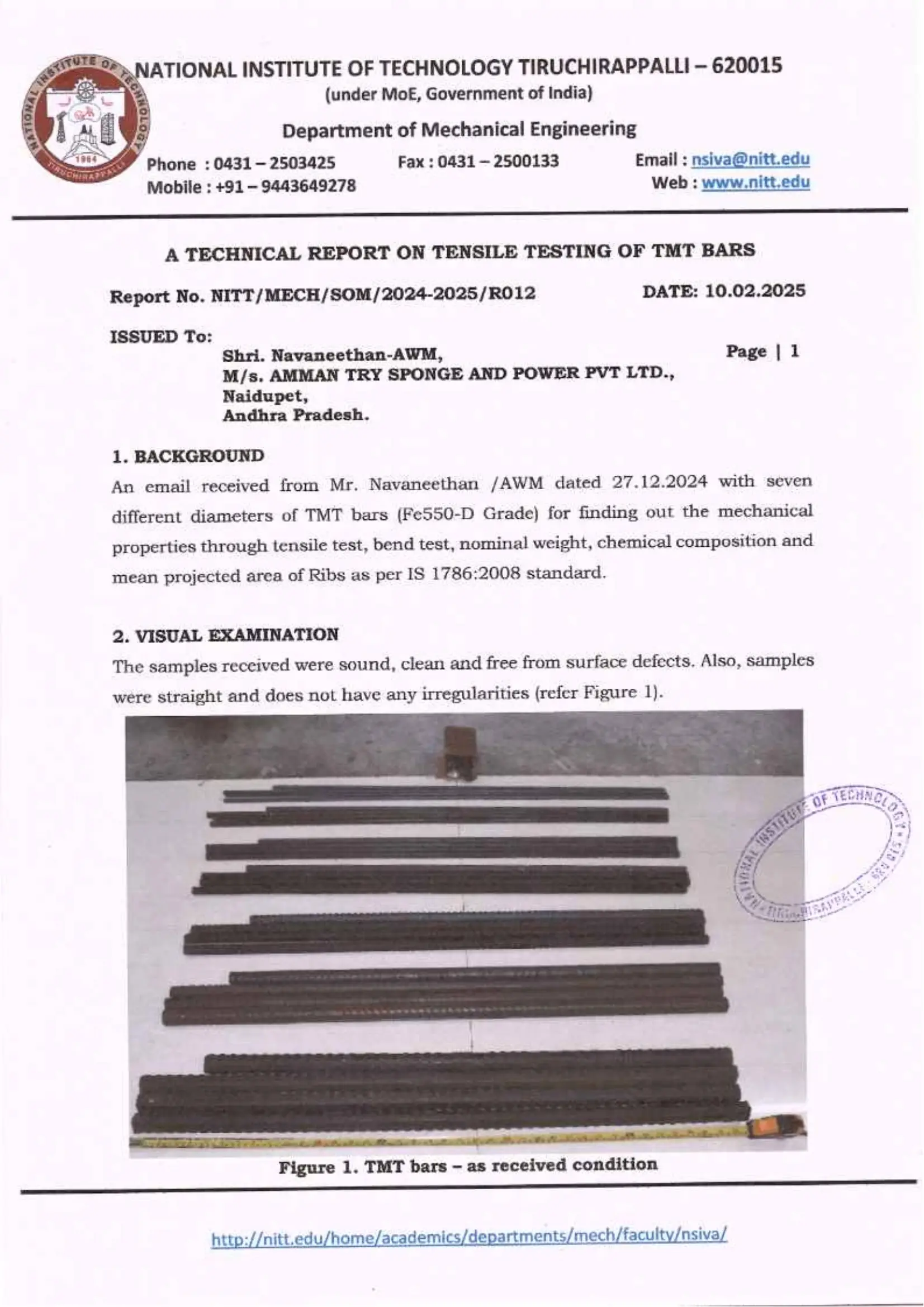NIT Trichy Test Reports (Tensile test, Bend, Surface Characteristics, Chemical Analysis – Except Nitrogen, for 8 to 32mm TMT)
