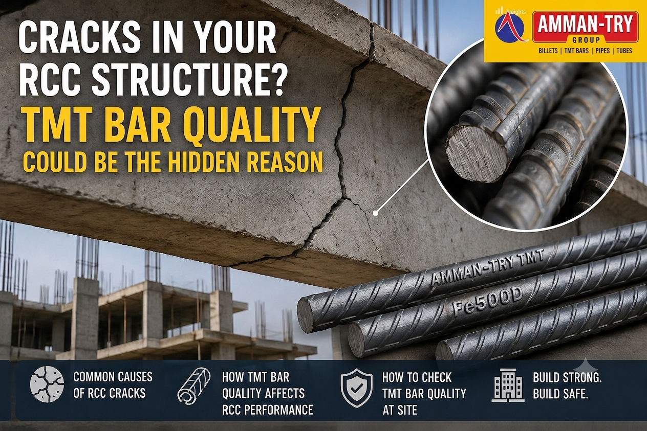 Infographic image discussing RCC structural cracks and TMT bar quality featuring the AMMAN-TRY Group logo, steel reinforcement bars, and key inspection topics.