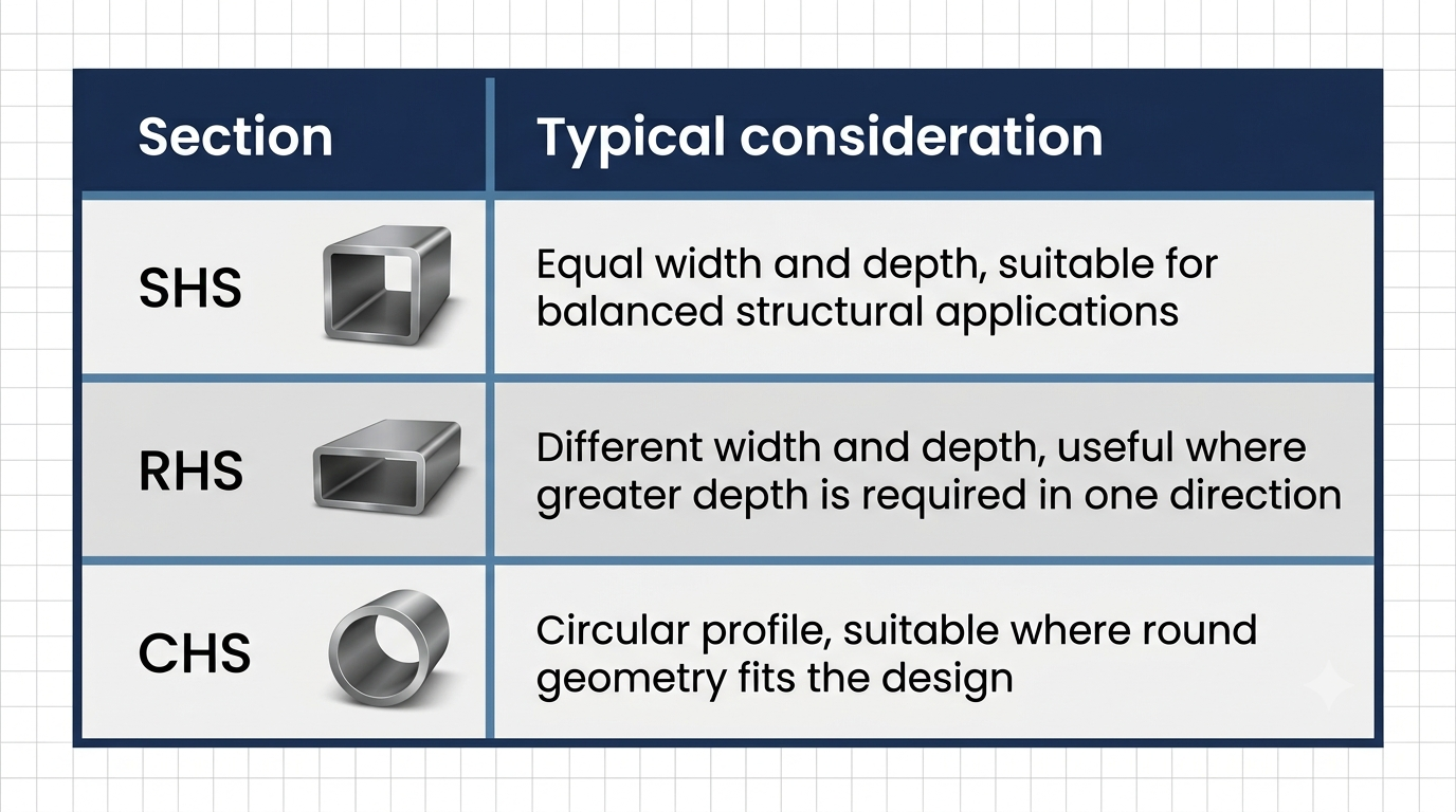 SHS, RHS and CHS hollow steel sections comparison chart