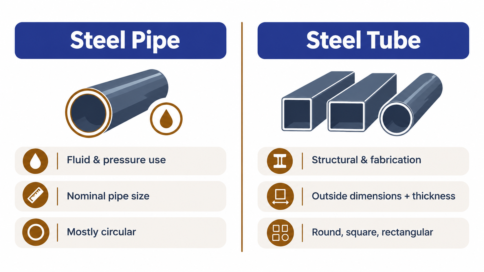 Steel pipe vs steel tube comparison showing applications, sizing methods and profiles
